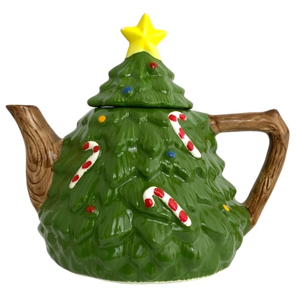 Holiday Teapot Christmas Tree Whimsical Vintage Glazed Ceramic Hand Painted - Picture 1 of 16